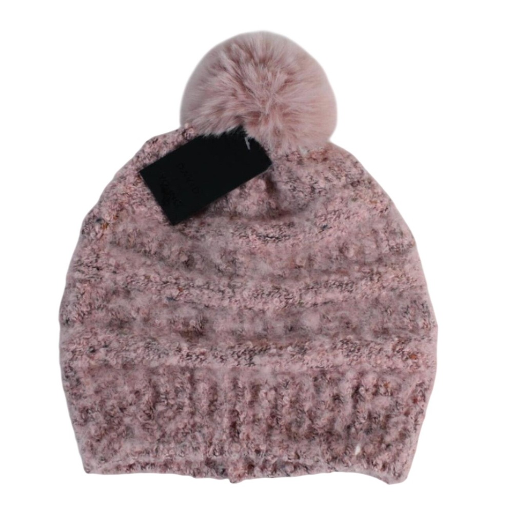 David and Young Pink Marled Knit Beanie Hat with Faux Fur Pom Pom New with Tags